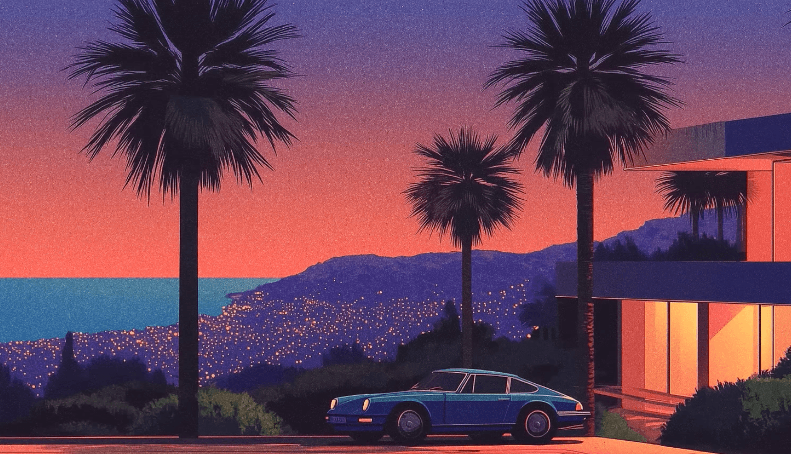 Sunset over a Mediterranean hillside with palm trees and a vintage coupe — Rhyka's brand reference art.