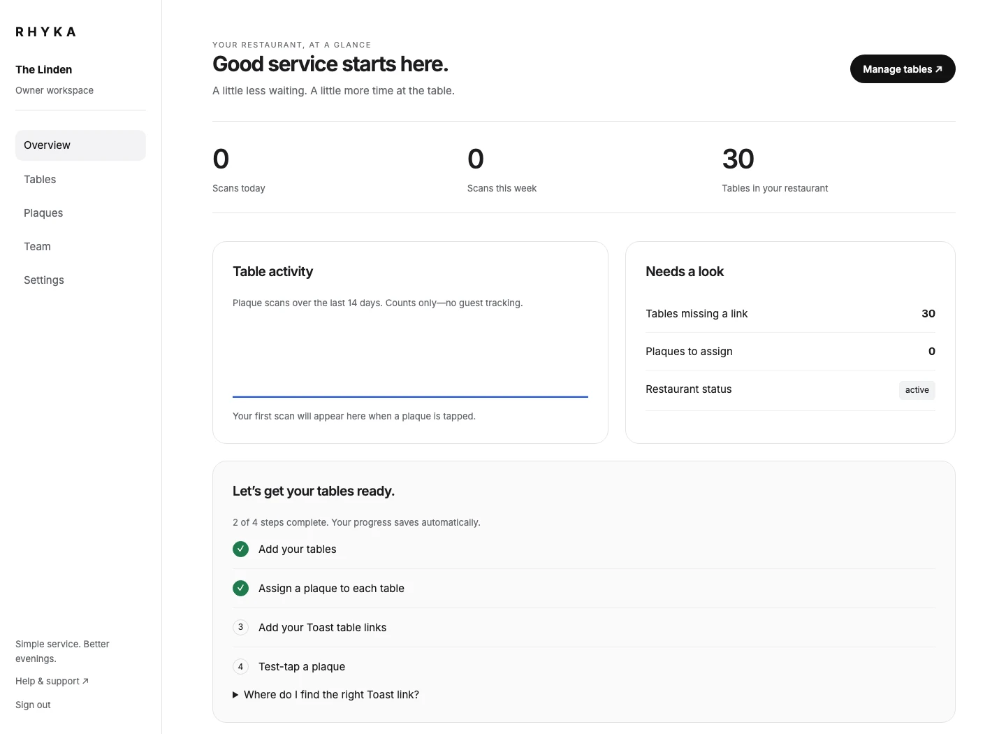 The RHYKA dashboard showing a restaurant’s 30 tables and setup progress