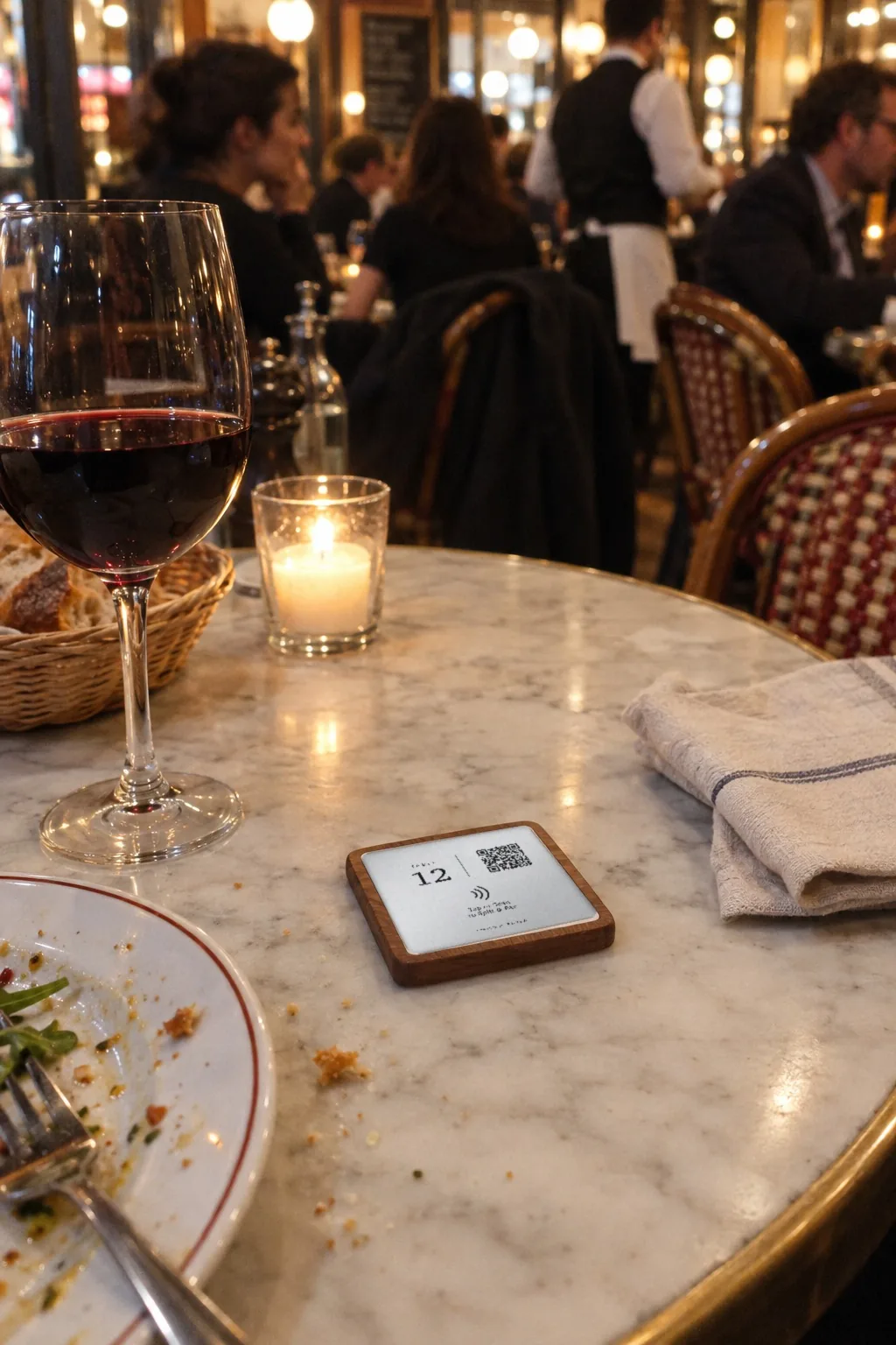 A RHYKA plaque for table 12 lying on a marble bistro table beside a glass of red wine, diners behind