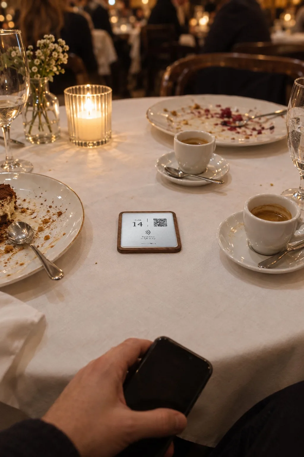 A guest's view across a white tablecloth after dessert, a RHYKA plaque for table 14 in the middle and a phone in hand