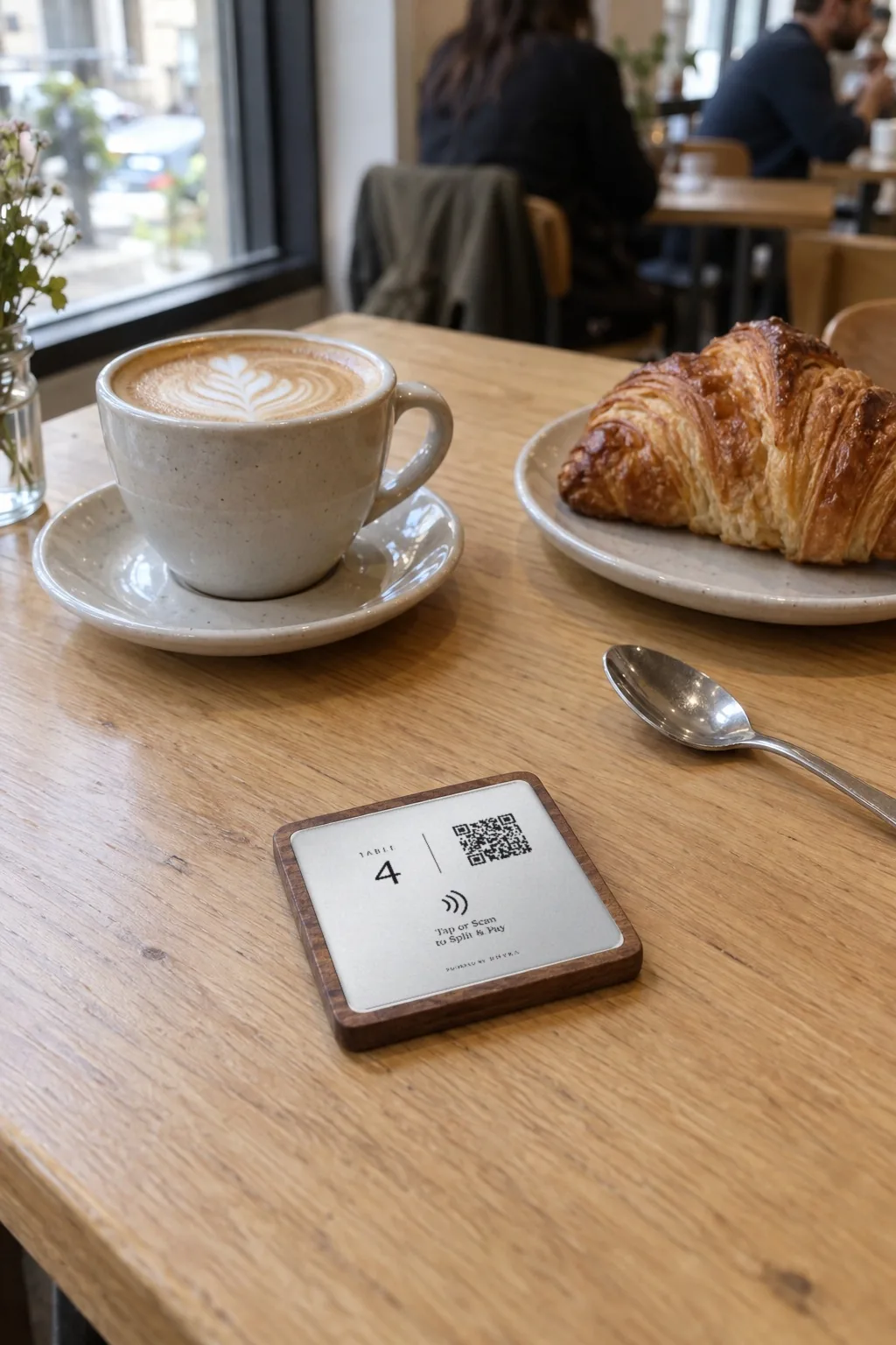 A RHYKA plaque for table 4 lying on a café table beside a coffee and a croissant