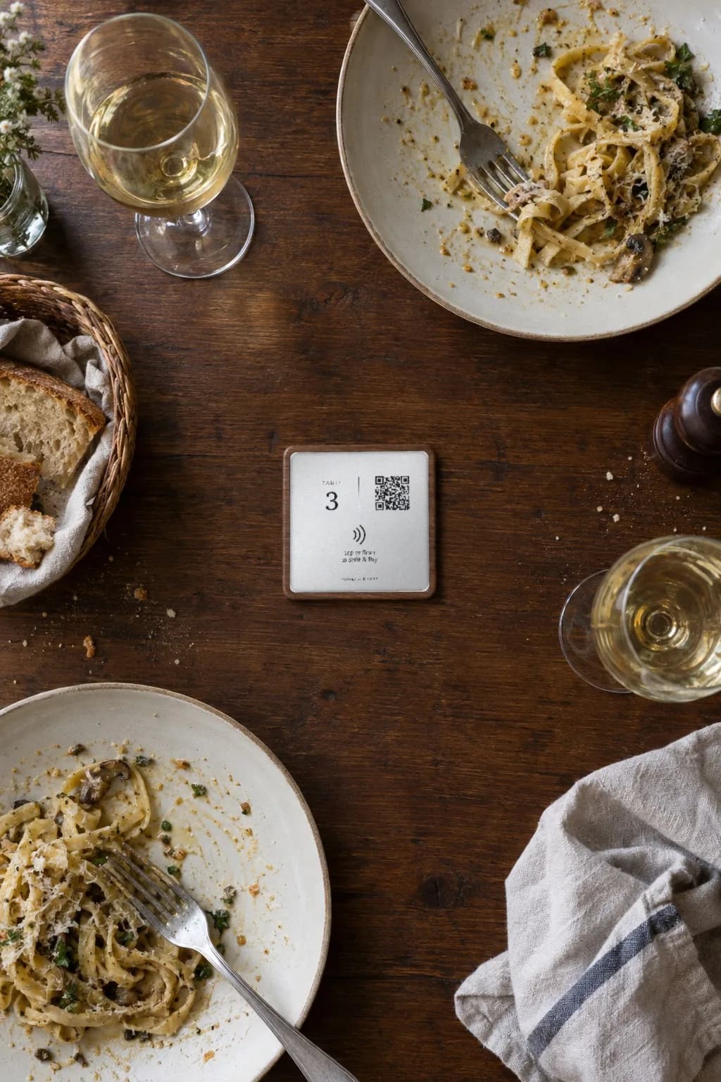 Overhead view of a dinner table for two with pasta and white wine, a RHYKA plaque for table 3 in the middle