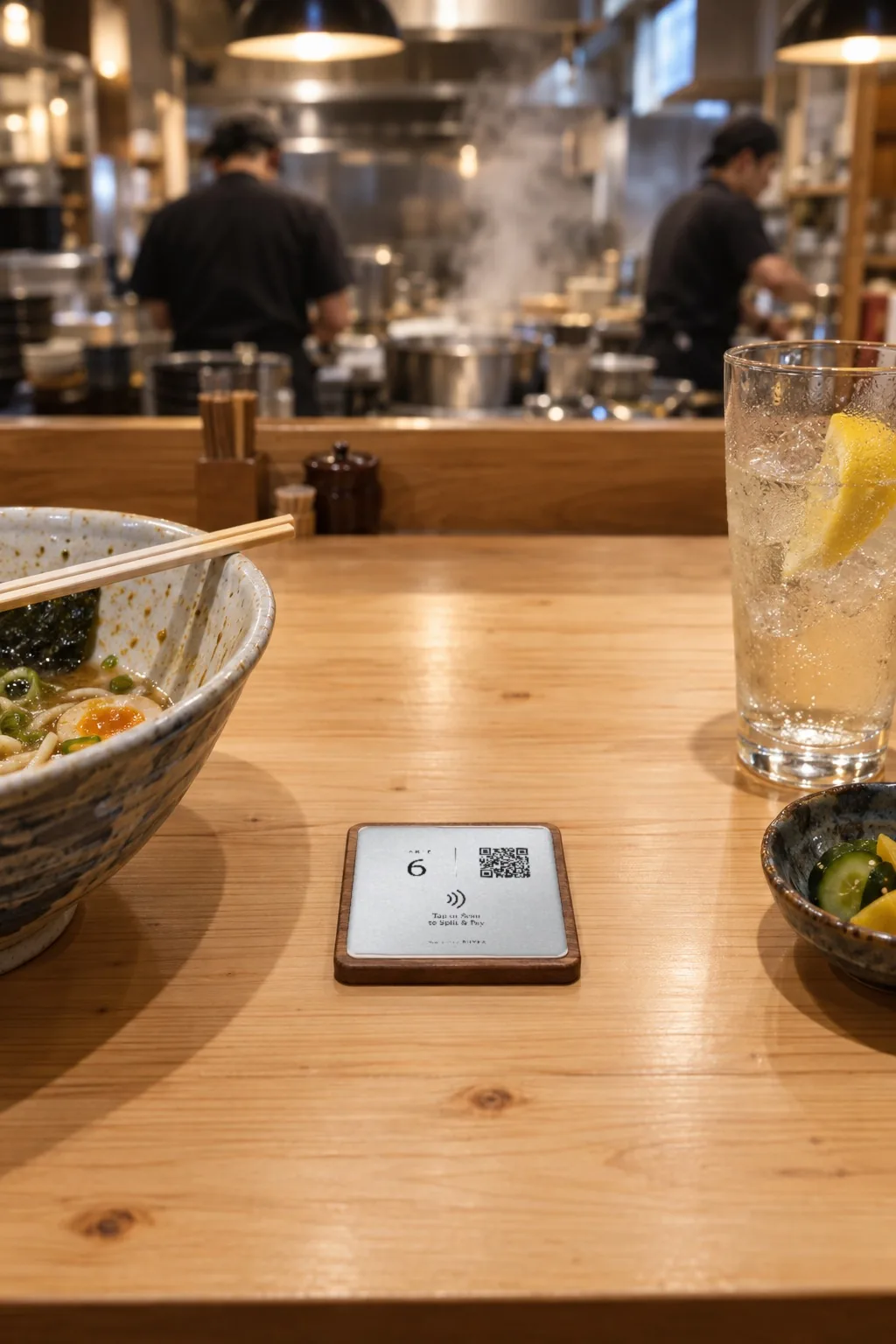 A RHYKA plaque for seat 6 on a light wood ramen counter beside a bowl of ramen and a highball