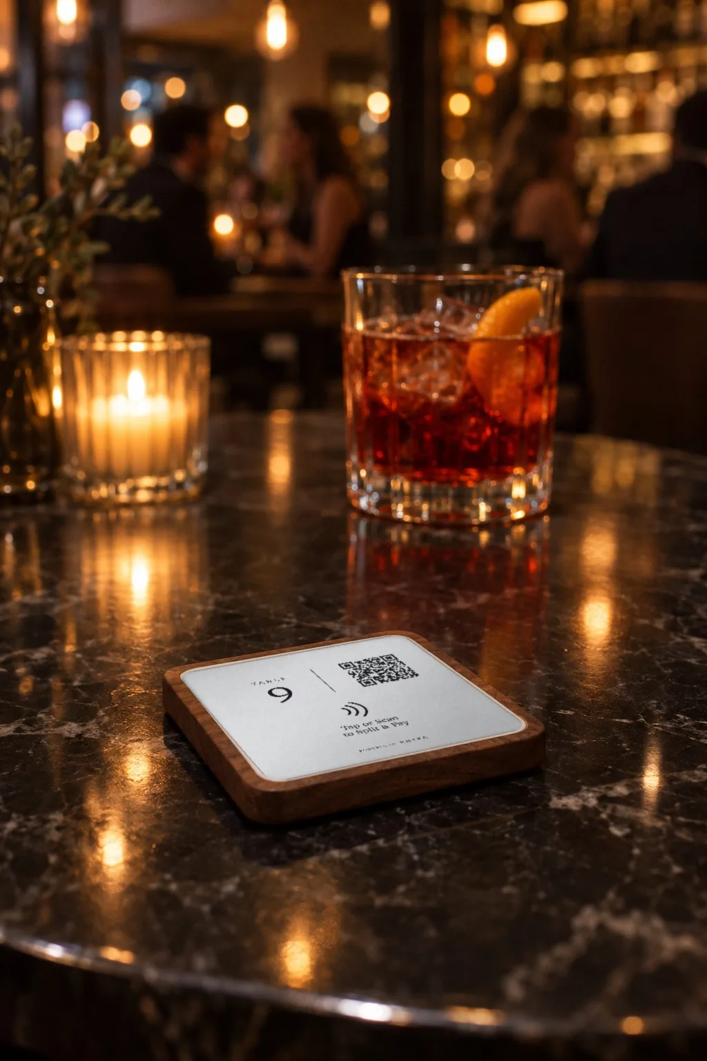 A RHYKA plaque for table 9 on a black marble table in a candlelit wine bar, a negroni behind it