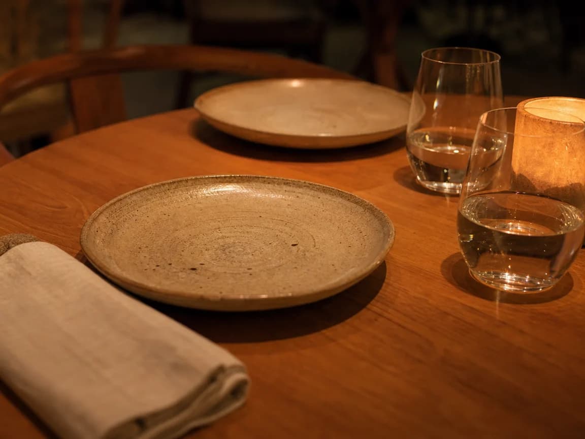 Ceramic plates and glasses at the end of a restaurant dinner