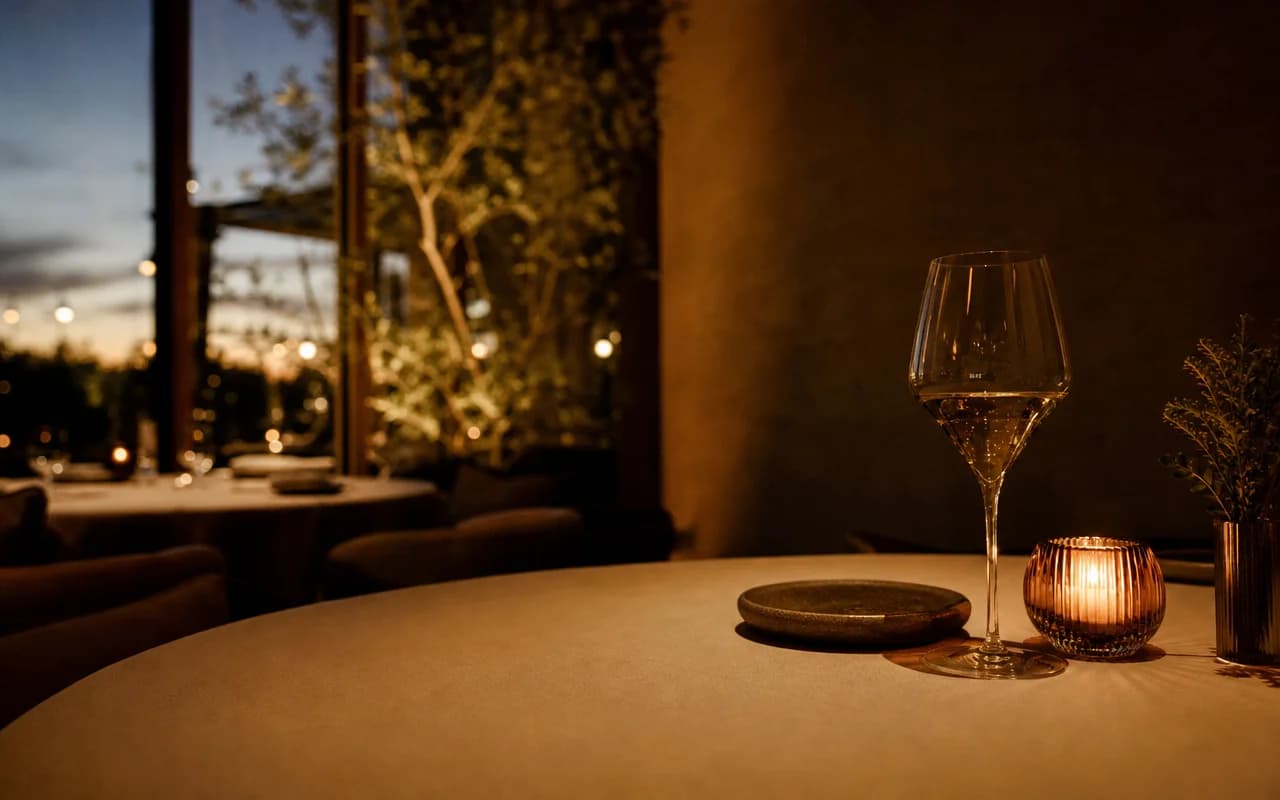 Candlelight, linen and glassware on a restaurant table at dusk