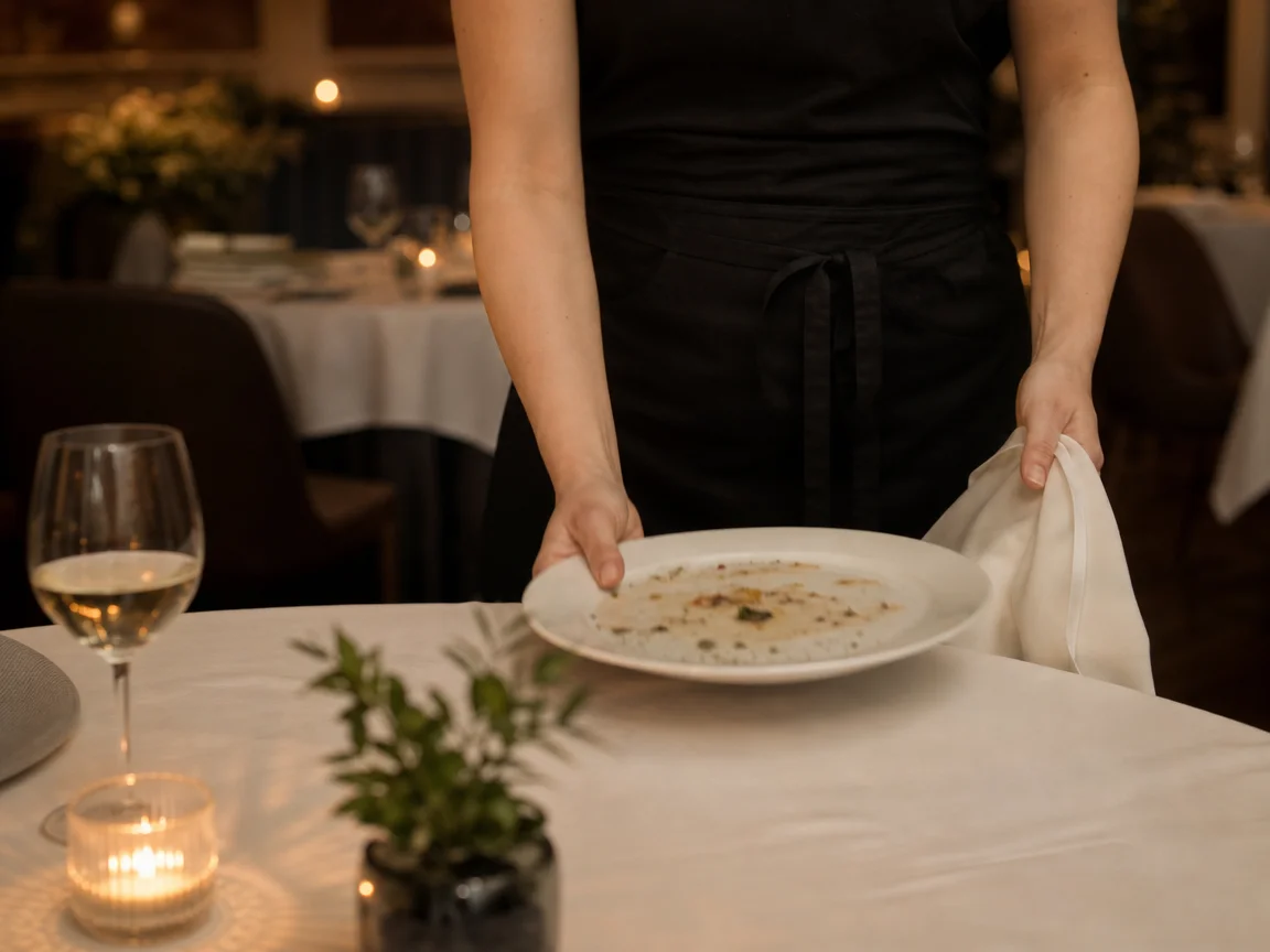 A server clearing a plate, with their face outside the frame